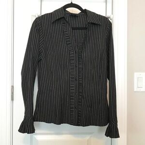 Allison Morgan striped & ruffled long-sleeve button-down black blouse (M)